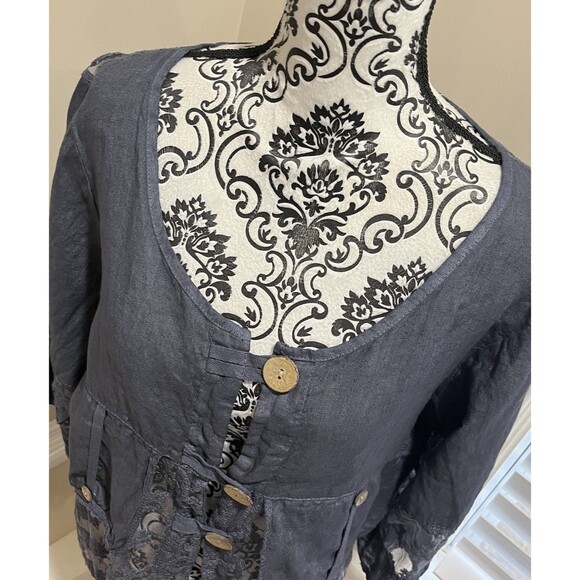 100% Linen Button Front Shacket Sz Med made in Italy Lagenlook Boho Hippie Blue - Picture 4 of 15